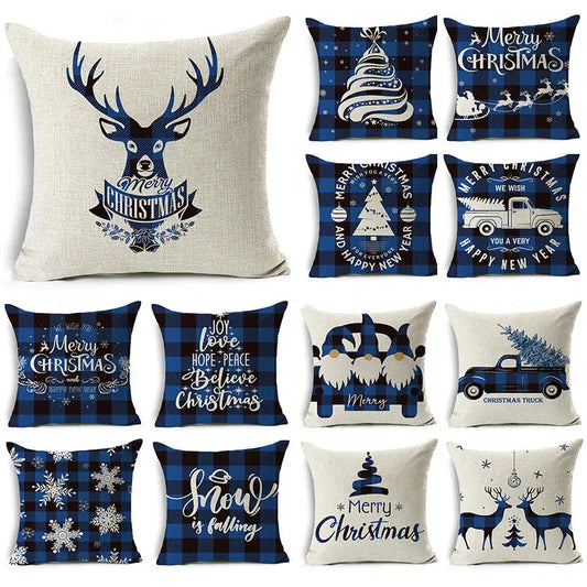 Christmas Pillowcase Blue Plaid Art Deco Cushion Cover