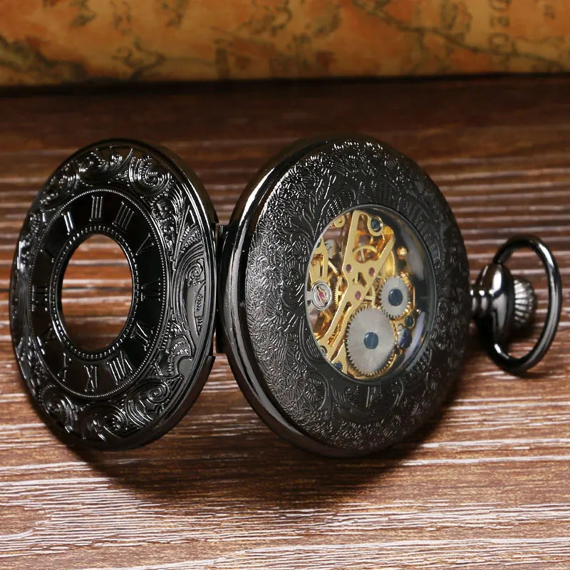 Vintage Luxury Black Metal Mechanical Pocket Watch