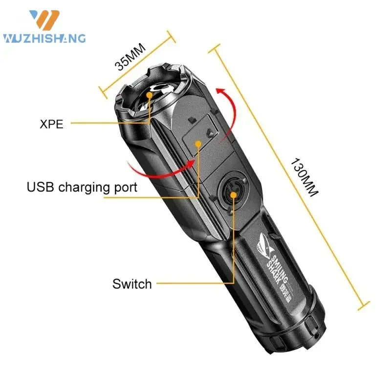 Powerful LED Flashlight 100 Lumen Rechargeable USB waterproof